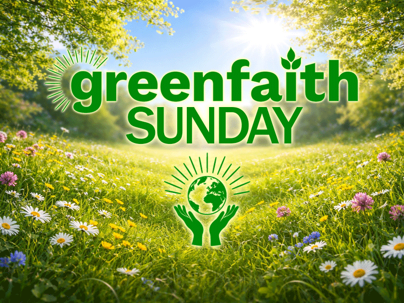 #Bright banner reading 'greenfaith SUNDAY' with a globe cradled by green hands in a sunny meadow filled with wildflowers, promoting an environmental event.