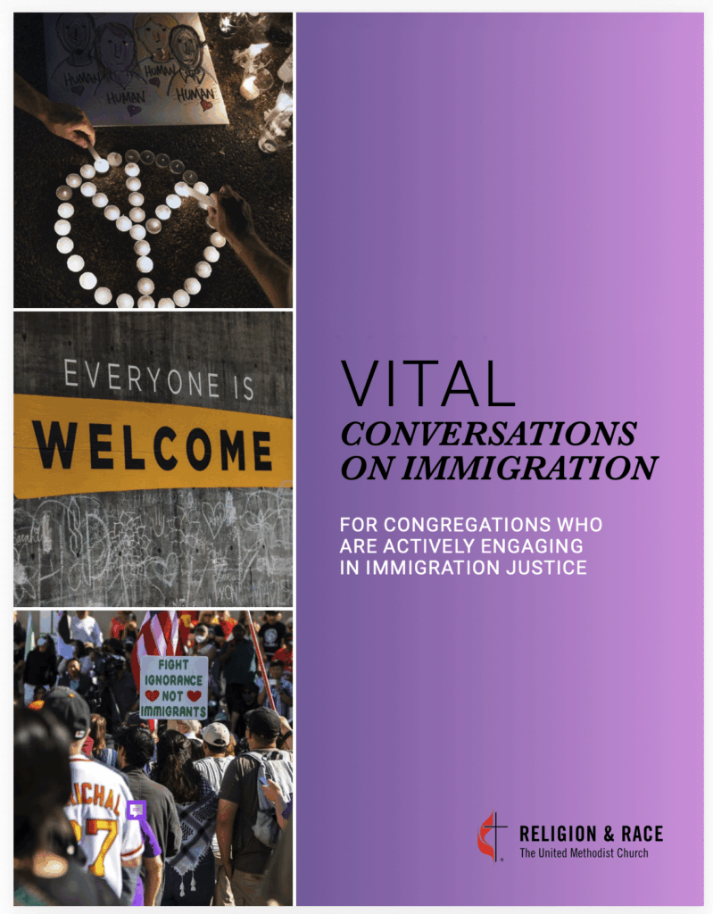 GUIDE-COVER | The United Methodist Church of Red Bank - Red Bank, NJ #Cover page for a report: purple panel with 'VITAL CONVERSATIONS ON IMMIGRATION' and a left collage of immigrant-welcome and protest photos.