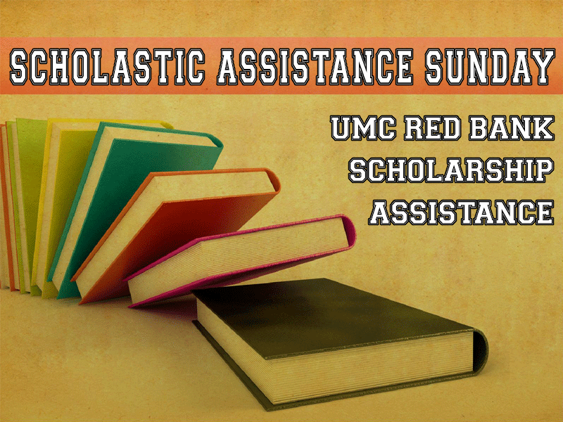06-25-SERMON-TILE | The United Methodist Church of Red Bank - Red Bank, NJ #Promotional graphic about Scholastic Assistance Sunday with colorful stacked books and UMC Red Bank Scholarship Assistance text on a yellow background.