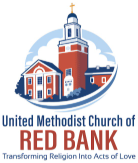 #Logo for United Methodist Church of Red Bank featuring a red-brick church with blue sky and a cross, plus the name and motto:'Transforming Religion Into Acts of Love'.
